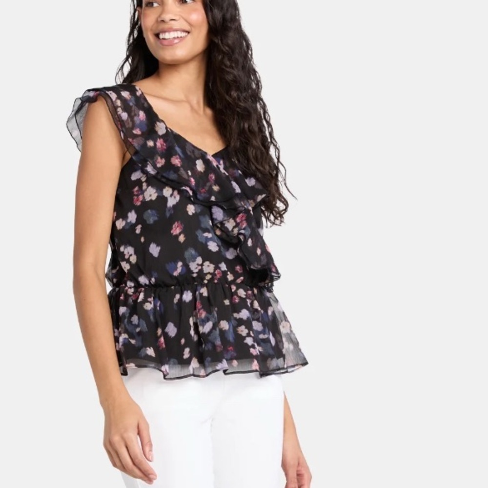 TIME & TRU RUFFLE WRAP CHIFFON SWIRLING FLORAL BLACK BLOUSE TOP NEW - Picture 3 of 6